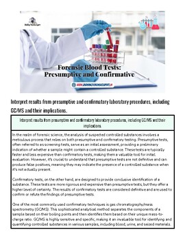 Forensic blood test analysis showing presumption and confirmation results in a laboratory setting.