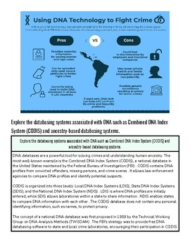 original-12090640-1.jpg Infographic comparing pros and cons of using DNA technology to fight crime, highlighting benefits like accuracy and challenges like privacy concerns.
