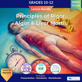 An educational poster for grades 10-12 on Principles of Rigor, Algor, and Livor Mortis, featuring a medical mannequin, stopwatch, and educational icons.