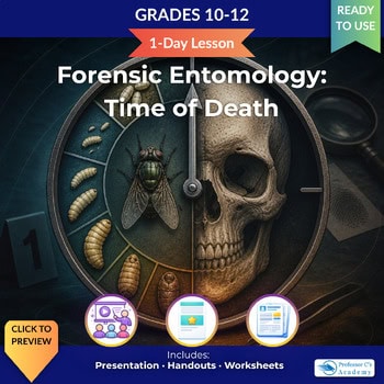 Forensic entomology lesson on the time of death featuring a skull, insects, and scientific tools for high school biology education.