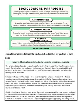 Educational infographic on sociological paradigms and perspectives, highlighting functionalist and conflict theories with visual elements.