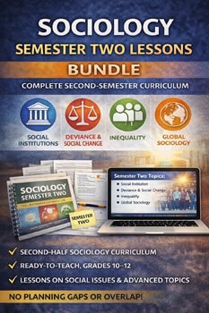 Homeschool Resource Co. sociology semester two lessons bundle for grades 10-12, featuring social institutions, social change, inequality, and global sociology topics.