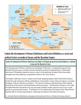 Map showing the development of Roman Catholic and Eastern Orthodoxy as social and political factors in medieval Europe and the Byzantine Empire.