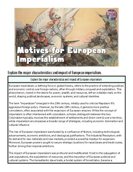 Educational poster on motives for European imperialism, featuring historical illustrations and key points about European expansion and impact.