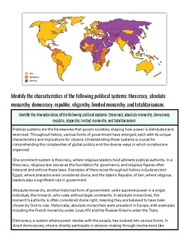 World map highlighting countries with different political systems including democracy, republic, monarchy, and totalitarianism.