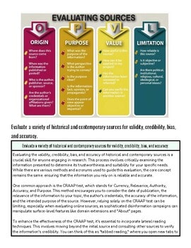 Evaluating sources infographic highlighting origin, purpose, value, and limitations for historical and contemporary research.