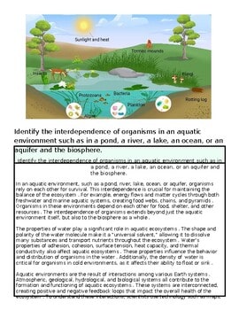 Aquatic ecosystem diagram showing interdependence of organisms like fish, plants, bacteria, and fungi in a pond environment.