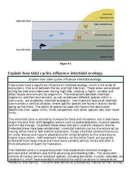 Diagram illustrating intertidal ecology zones, including high and low tide levels, and various marine and terrestrial habitats.