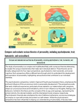 Infographic comparing psychodynamic, humanistic, and social cognitive perspectives on personality theories.