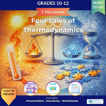 Illustration of four laws of thermodynamics with symbols: heat, fire, balance scale, ice, and hourglass, for grades 10-12 science education.