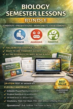 Biology semester lessons bundle with handouts, presentations, worksheets, and assessments for homeschool students.