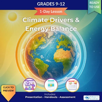 Educational poster on climate drivers and energy balance for grades 9-12, featuring a globe and icons representing lessons, handouts, and assessments.