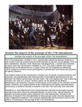 Historical scene of a 17th Amendment debate in a legislative chamber with lawmakers and a speaker at the podium.