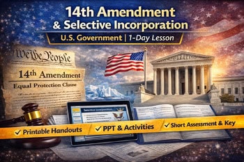 Educational image featuring the 14th Amendment, U.S. government, and homeschool resources for civics lessons.