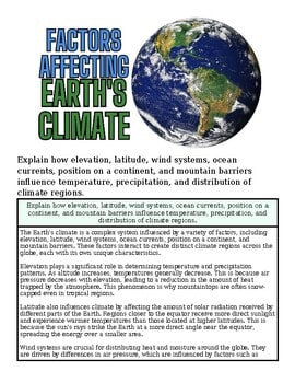 Factors Affecting Earth's Climate infographic showing elevation, latitude, wind systems, ocean currents, and other climate influences.