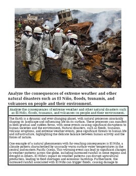 Emergency responders in protective gear assess damage after a natural disaster, with debris and smoke in the background.