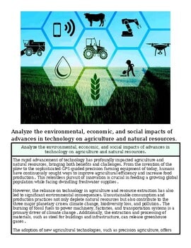 Illustration of environmental, economic, and social impacts of agricultural technology advances with icons of a tractor, drone, water droplet, and plant.