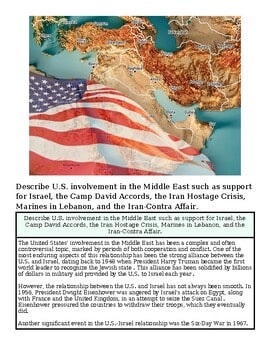 original-12551390-1.jpg Map highlighting U.S. involvement in the Middle East, including support for Israel, Camp David Accords, Iran-Iraq War, and Lebanon, with an American flag in the foreground.