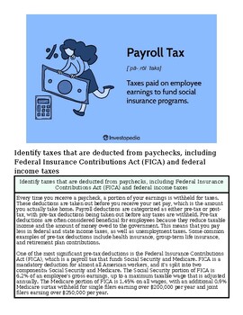Payroll Tax concept with a woman working on a laptop and calculator, representing tax deductions from paychecks.