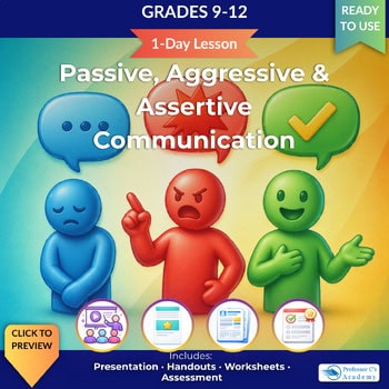 original-12616523-1.jpg Educational resource cover for grades 9-12 on passive, aggressive, and assertive communication skills, featuring colorful emoticons representing different emotions.
