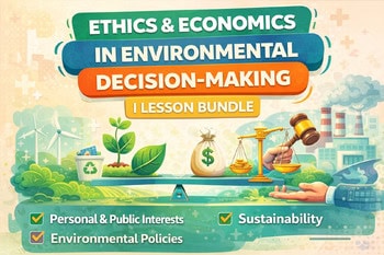Homeschool Resource Co. lesson bundle on ethics, economics, and environmental decision-making with icons of nature, money, and scales.