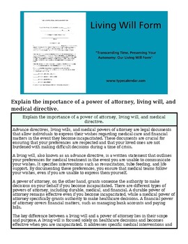 Living Will Form document for legal and medical directives, emphasizing autonomy and healthcare decisions.