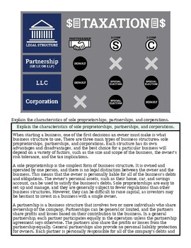 Comparison chart of taxation types including partnership, LLC, and corporation with symbols indicating characteristics.