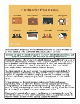 Infographic showing the most common types of banks including retail, commercial, investment, credit unions, online, mutual, savings, and loan banks.