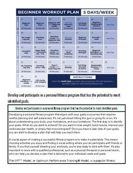 Homeschool Resource Co. workout plan chart for beginners, with daily exercises and instructions for a 5-day week.
