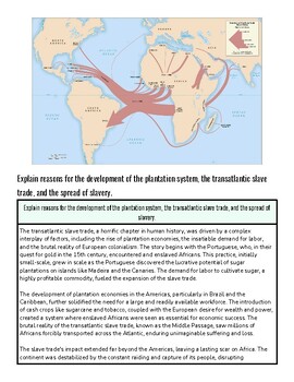 Map illustrating the transatlantic slave trade routes and the development of plantation systems across Africa, Europe, and the Americas.