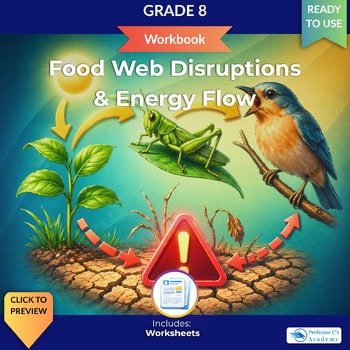 Grade 8 Food Web Disruptions and Energy Flow workbook cover featuring a plant, grasshopper, and bird with a warning icon.