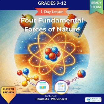 Educational cover image for science lesson on four fundamental forces of nature for grades 9-12, featuring atomic models and scientific illustrations.