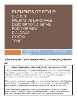 Educational book cover titled 'Elements of Style' focusing on diction, figurative language, and syntax for effective writing.