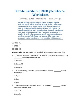 original-14143925-1.jpg Homeschool Resource Co. educational worksheet for grades 6-8 with multiple choice questions on spelling and sentence completion.