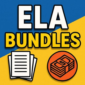 ELA bundles for homeschooling with books and money icons on a colorful background.