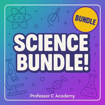 Science bundle for homeschooling with Professor C Academy, featuring science icons like atoms, test tubes, and DNA strands on a colorful background.