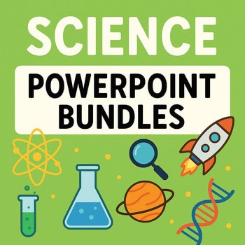 Science PowerPoint bundles for homeschooling with icons of a rocket, DNA, microscope, and planets on a green background.