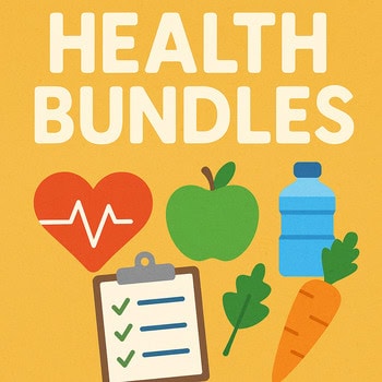 original-15081443-1.jpg Health bundles image featuring a heart with a heartbeat, an apple, a water bottle, a carrot, and leafy greens on a yellow background.