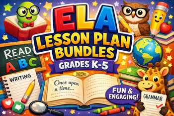 ELA lesson plan bundles for grades K-5 featuring colorful characters and educational tools.