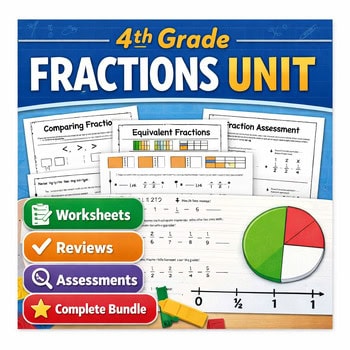 4th Grade Fractions Unit educational resource with worksheets, reviews, assessments, and a complete bundle for homeschool math learning.