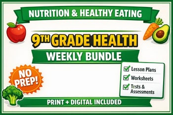 9th grade health weekly bundle for homeschool with lesson plans, worksheets, tests, and assessments, no prep needed, print and digital included.
