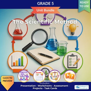Grade 5 science unit bundle cover featuring laboratory glassware, a magnifying glass, and science icons for homeschool science curriculum.