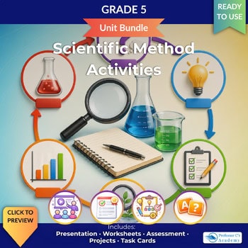 Grade 5 science activity kit featuring lab equipment, magnifying glass, notebook, and colorful liquids for hands-on experiments.