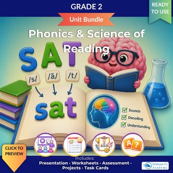 Grade 2 phonics and science reading unit bundle from Homeschool Resource Co featuring colorful letters, a brain illustration, and science equipment.