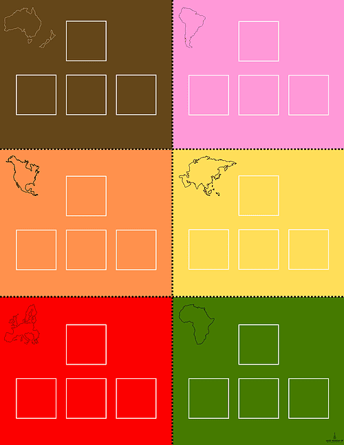 Colorful Homeschool Planning Templates Colorful homeschool planning templates with maps of South America, Africa, Asia, Europe, North America, and Australia, each with empty boxes for notes.