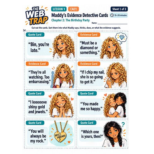 Maddy's Evidence Detective Cards Educational homeschool resource card set featuring quotes and evidence cards from Maddy's Evidence Detective Cards chapter 2.