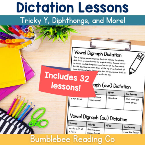 1 Phonics Spelling Dictation Lesson Plans - Tricky Y, Diphthongs 30+ Lessons!
