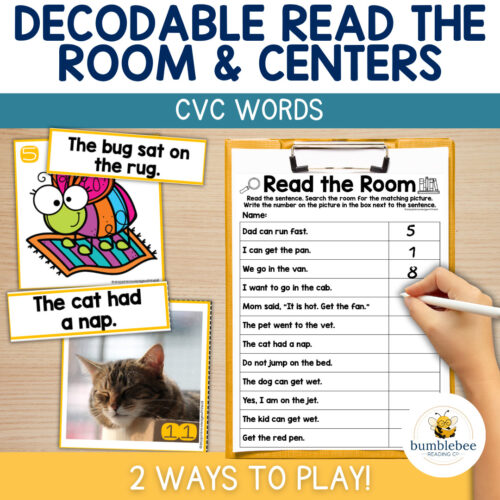 Decodable Read the Room & Centers CVC Words Science of Reading Phonics