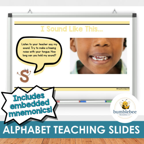 1 Alphabet teaching slides for homeschool, featuring a child's smile and embedded mnemonics for learning sounds.