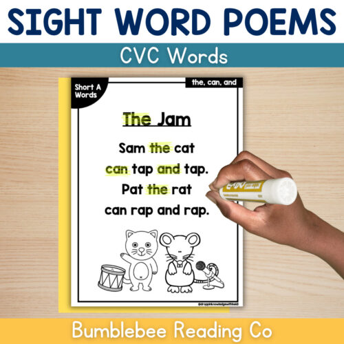 1 Sight word poem worksheet for CVC words with highlighted words and illustrations of a cat, rat, and drum.